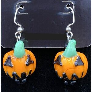 Handmade Jack-O-Lantern Pumpkin & Black Glass Bead Earrings by Neanie-Bot
